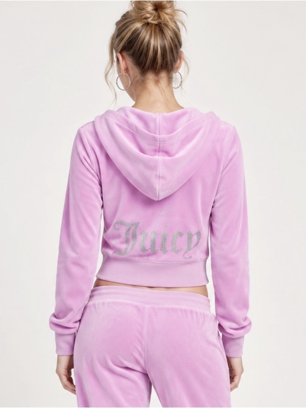 Y2K 90s Juicy Couture Woman Pink Velvet Rhinestone Crop Zip-Up Hoodie Sweater